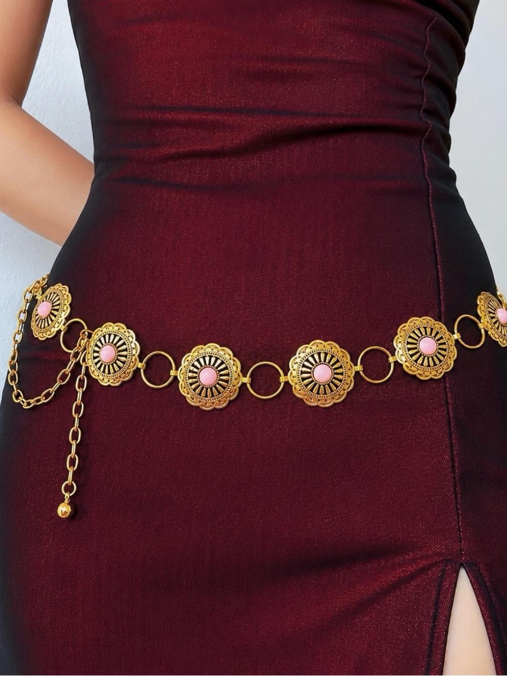 Gold bohemian floral retro pink western metal waist body chain belt